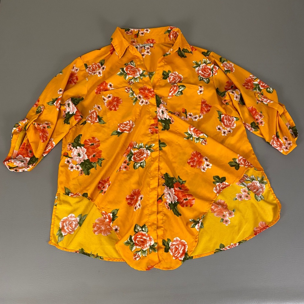 Mileage Blouse Top Button Down Hi-Low Women's‎ 3X Gold Floral Print 3/4 Sleeve